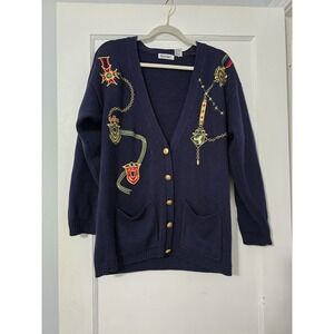 VTG 90s Y2K That's Me! Navy Medals Crests Embroidered Cardigan Sweater Size‎ M